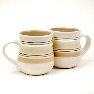 Pfaltzgraff 16 oz Latte Coffee Mugs Hand Painted Stoneware Tan Brown Set 2